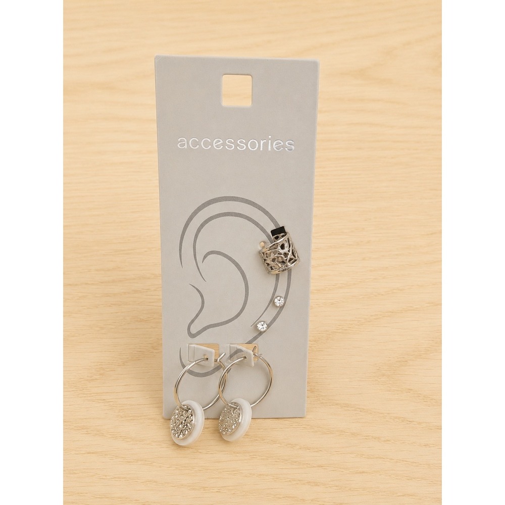 New Silver Tone Hoop Earrings & Ear Cuff Set of 2‎ White Resin Disc Rhinestone